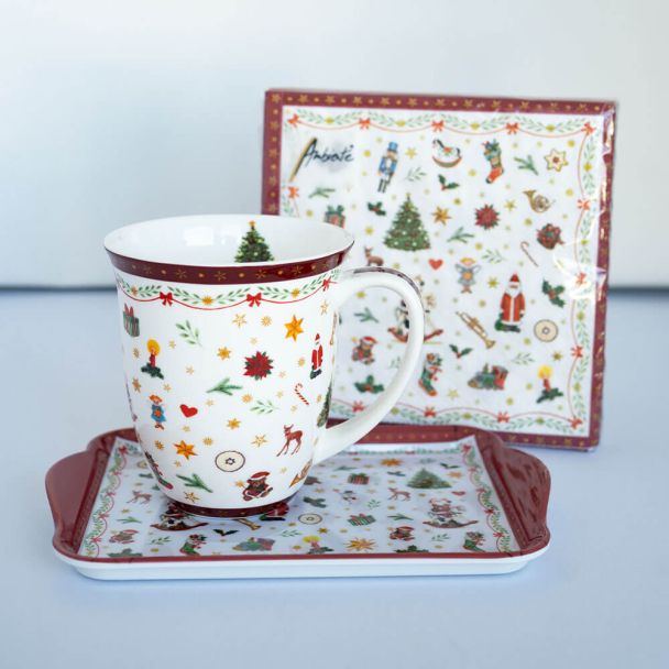 Tasse-, Tablett- und Servietten-Set „Weihnachtsornamente“