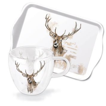 Teeglas- und Tablett-Set „Hirschgeweih“